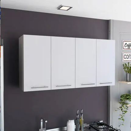 Wall Cabinet, 4 Doors, 2 Shelves, Plate & Glass Organizer, White