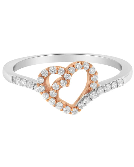 10K Rose Gold over .925 Sterling Silver 1/5 Cttw Diamond Two Tone Open Heart Promise or Fashion Ring (I-J Color, I2-I3 Clarity)