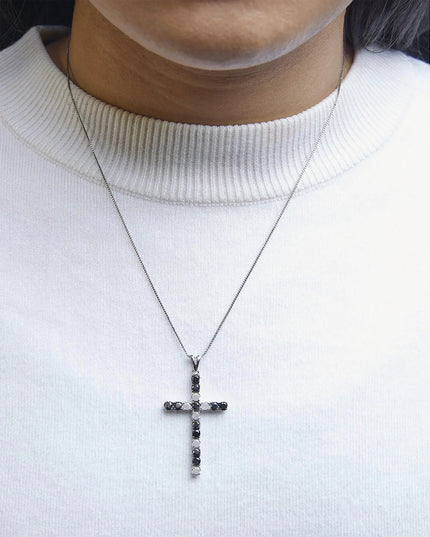 .925 Sterling Silver 2.0 Cttw Prong Set Round Natural Treated Black and White Diamond Cross Pendant Necklace - 18" (Black/H-I Color, I3 Clarity)