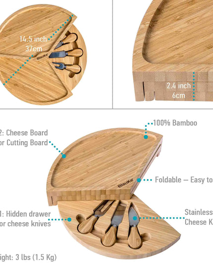 Bamboo Cheese Board Set - 14 Inch Swivel Charcuterie Board With Drawer - Round Serving Tray