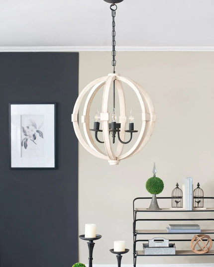 6 - Light Wood Chandelier With Adjustable Chain For Kitchen, Dining Hall Entrance, Bulb Not Included