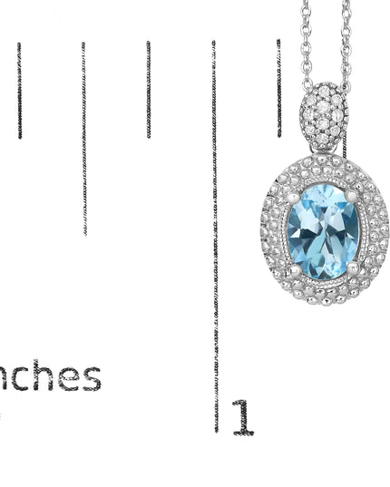 .925 Sterling Silver Oval Blue Topaz and Diamond Accent with Beaded Halo Pendant Necklace - 18" Inches