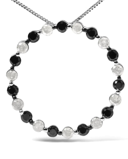 .925 Sterling Silver 1 3/4 Cttw Alternating Black and White Diamond Open Circle Hoop Pendant Necklace (H-I Color, I2-I3 Clarity) - 18" Inches