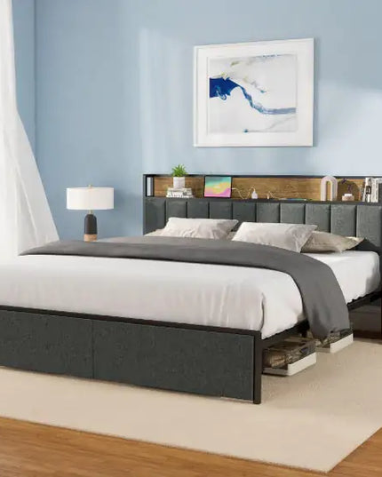 Bed Frame With Charging Station, LED Lights, Upholstered Headboard, Storage Shelves