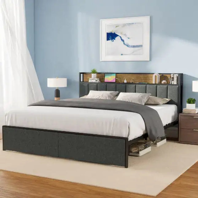 Bed Frame With Charging Station, LED Lights, Upholstered Headboard, Storage Shelves