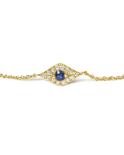 10K Yellow Gold Blue Sapphire and Diamond Accent Evil Eye Station Link Bracelet  (H-I Color, I1-I2 Clarity) - Size 7"