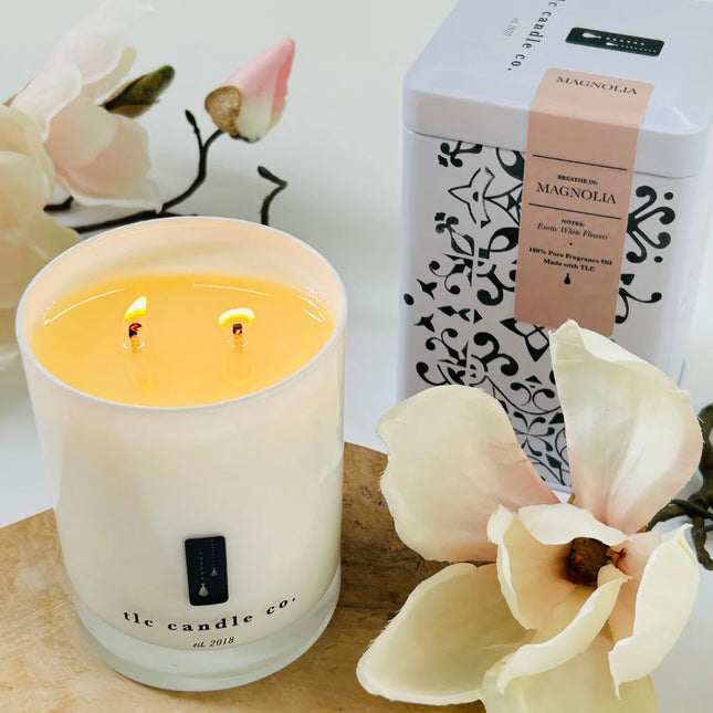 TLC Candle Co. "Magnolia" Hand Poured 11oz Jar Candle in Vintage Tin, Scented Natural Soy Wax and Essential Oil Blended Fragrances, 2 Wicks, 60 Hour Burn Time, Made in the USA