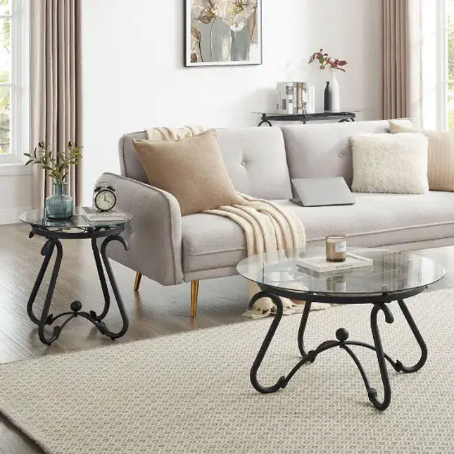 2-piece Tempered Glass Coffee Table Set, Round End Side Table