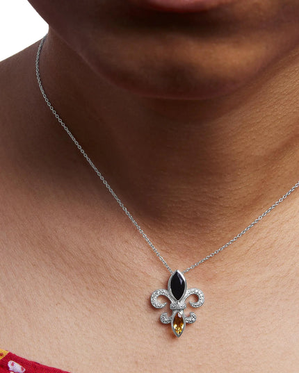 .925 Sterling Silver Marquise Onyx and Citrine and Diamond Accent Fleur De Lis Pendant Necklace (H-I Color, SI1-SI2 Clarity) - 18"