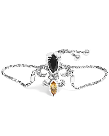 .925 Sterling Silver Marquise Black Onyx, Orange Citrine, and Diamond Accent Lariat 4”-10” Fleur De Lis Adjustable Bolo Bracelet (I-J Color, I1-I2 Clarity) - 7"
