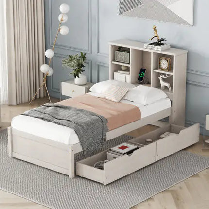 Twin Bed Frame With USB Port, Bookcase Headboard, 2 Drawers - White Washed