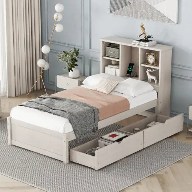 Twin Bed Frame With USB Port, Bookcase Headboard, 2 Drawers - White Washed