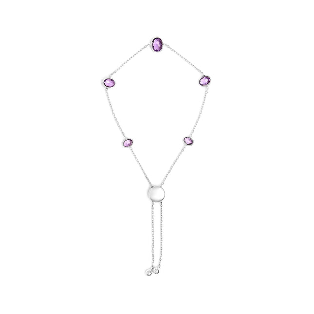 .925 Sterling Silver Bezel Set Purple Amethyst 5 Station Adjustable Bolo Bracelet