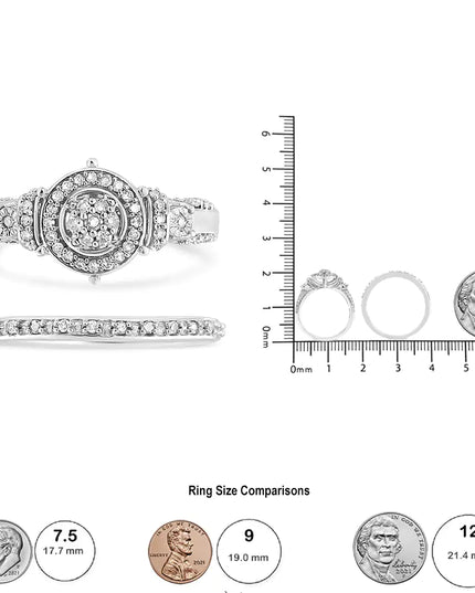 .925 Sterling Silver 1/3 Cttw Diamond 7 Stone Cluster and Halo Engagement Ring and Wedding Band Set (I-J Color, I1-I2 Clarity)