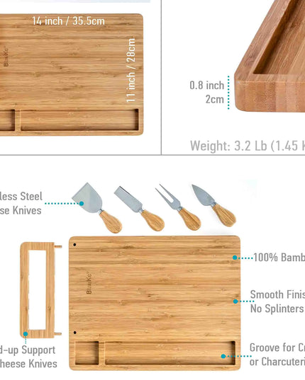 Bamboo Cheese Board Set - 14x11 Inch With 4 Knives - Wood Tray