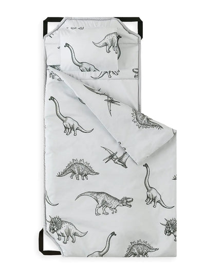 Wake In Cloud Toddler Nap Mat with Pillow & Blanket – Dinosaur Print, Grey – for Daycare, Preschool, Pre-K – Elastic Corner Straps