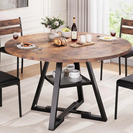 Rustic Brown 47" Round Pedestal Dining Table – Space-Saving Kitchen & Dining Room Table for 4