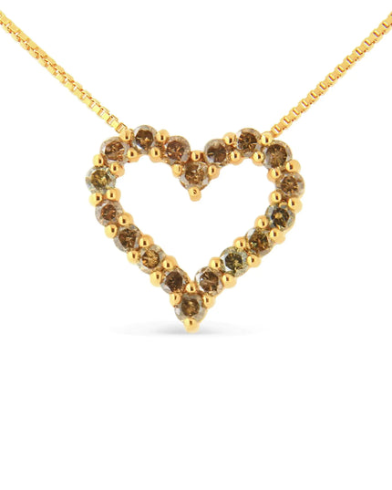 14K Yellow Gold Plated .925 Sterling Silver 1.0 Cttw Champagne Diamond Heart Pendant Necklace (K-L Color, I1-I2 Clarity) - 18"