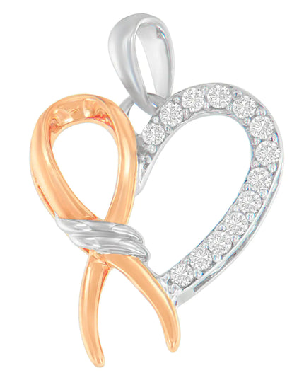 Two-Toned .925 Sterling Silver 1/5 cttw Round Cut Diamond Ribbon Heart Accent Pendant Necklace (H-I, I2-I3)