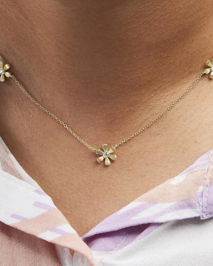 10K Yellow Gold 1/8 Cttw Diamond Floral Station Chain Necklace (I-J Color, I1-I2 Clarity)