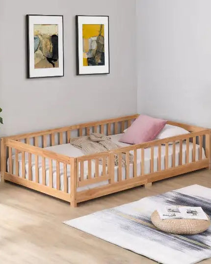 Solid Wood Full Size Platform Bed Frame With Door And Fence, Pine Wood