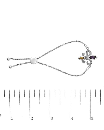.925 Sterling Silver Marquise Purple Amethyst, Orange Citrine, and Diamond Accent Lariat 4”-10” Fleur De Lis Adjustable Bolo Bracelet (I-J Color, I1-I2 Clarity)