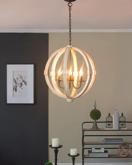 6 - Light Wood Chandelier With Adjustable Chain For Kitchen, Dining Hall Entrance, Bulb Not Included