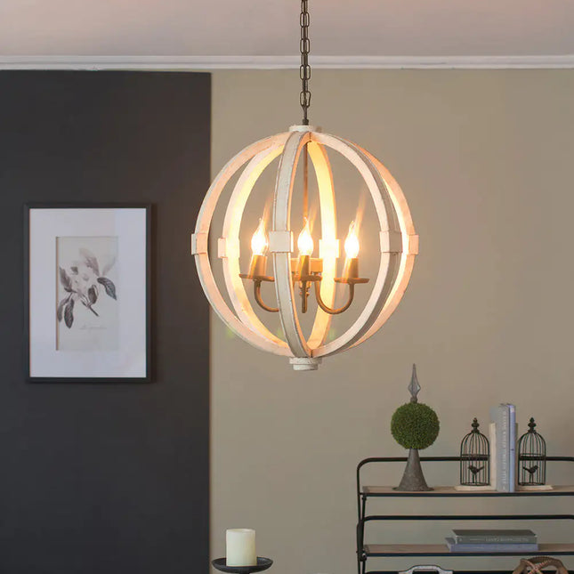 6 - Light Wood Chandelier With Adjustable Chain For Kitchen, Dining Hall Entrance, Bulb Not Included