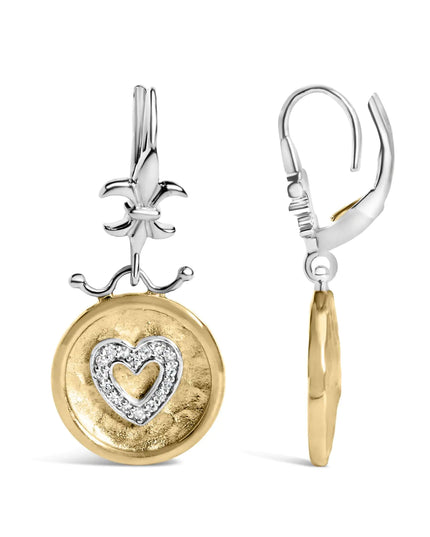18K Yellow Gold Plated .925 Sterling Silver 1/8 Cttw Diamond Hammered Finished Medallion Heart Drop and Dangle Earrings (I-J Color, SI1-SI2 Clarity)