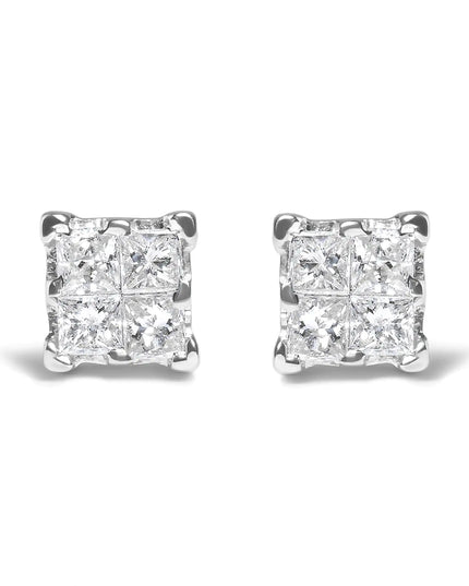.925 Sterling Silver 1/4 Cttw Invisible Set Princess Diamond Composite Quad Stud Earrings (I-J Color, I1-I2 Clarity)