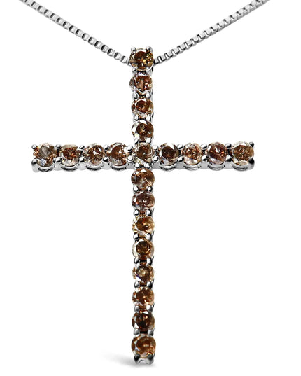 .925 Sterling Silver 1.0 Cttw Champagne Diamond Gold Cross Pendant Necklace for Women (Champagne Color, I1-I2 Clarity)- 18 inch