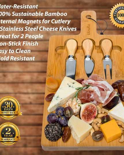 Bamboo Cheese Board Set - 12x8 Inch Charcuterie Tray With Magnetic Cutlery Storage