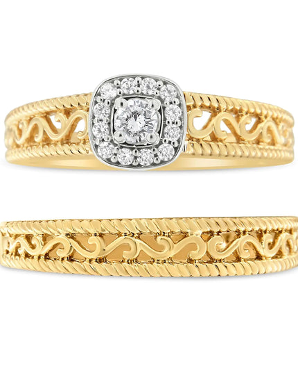14K Yellow Gold Plated .925 Sterling Silver 1/5 Cttw Diamond Halo and Milgrain Finish Engagement Ring Bridal Set (I-J Color I3 Clarity)