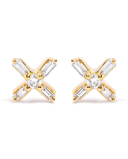10K Yellow Gold 1/10 Cttw Round and Baguette Diamond Criss Cross X Stud Earring (H-I Color, I1-I2 Clarity)