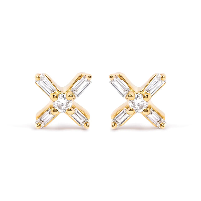 10K Yellow Gold 1/10 Cttw Round and Baguette Diamond Criss Cross X Stud Earring (H-I Color, I1-I2 Clarity)