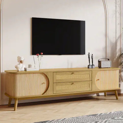 Rattan TV Stand, 75'', Modern Farmhouse Media Console, Solid Wood Legs, TV Cabinet