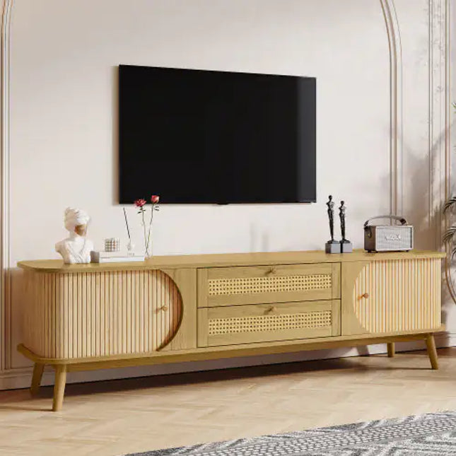 Rattan TV Stand, 75'', Modern Farmhouse Media Console, Solid Wood Legs, TV Cabinet