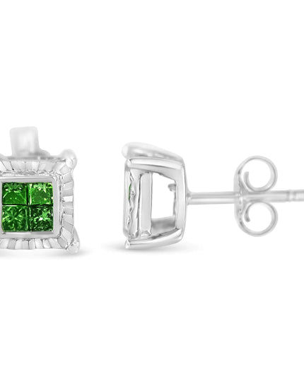Sterling Silver Color Treated Princess Diamond Quad Stud Earring (1/2 cttw, Green Color, I1-I2 Clarity)