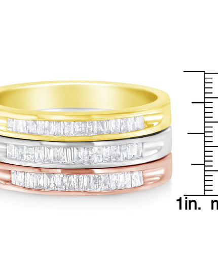 10K Yellow, White and Rose Gold over .925 Sterling Silver 5/8 Cttw Diamond Channel-Set Stackable Band Ring Set (H-I Color, I1-I2 Clarity)