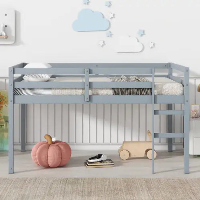 Rubber Wood Twin Loft Bed With Ladder, Grey