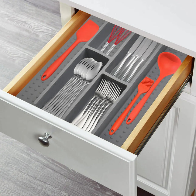 Premium Silicone Non-Slip Silverware Drawer Organizer – Adjustable Kitchen Utensil Divider Tray for Spoons, Forks, and Knives (Grey)