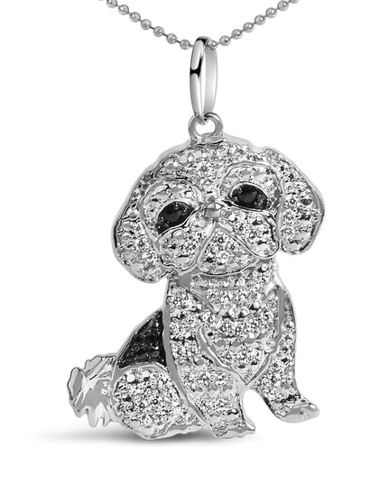 .925 Sterling Silver 1/2 Cttw White and Black Diamond Shih Tzu Dog 18" Pendant Necklace (I-J Color, I2-I3 Clarity)