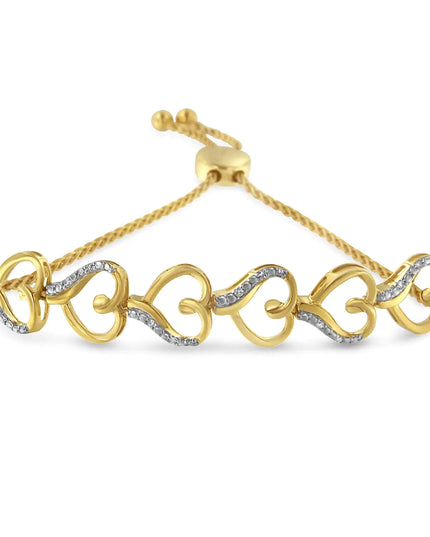 10K Yellow Gold over .925 Sterling Silver Diamond Accented Open Hearts 6”-9” Adjustable Chain Bolo Bracelet (H-I Color, I2-I3 Clarity)