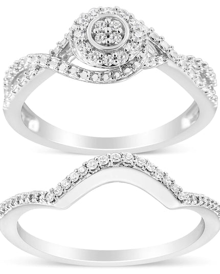 .925 Sterling Silver 1/6 Cttw Diamond Composite Halo and Split Shank Bridal Set Ring and Band  (I-J Color, I3 Clarity)