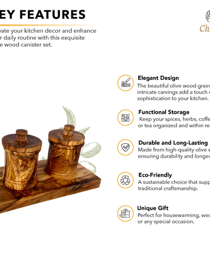 Olive Wood Canister Set for Spices, Herbs and Coffee