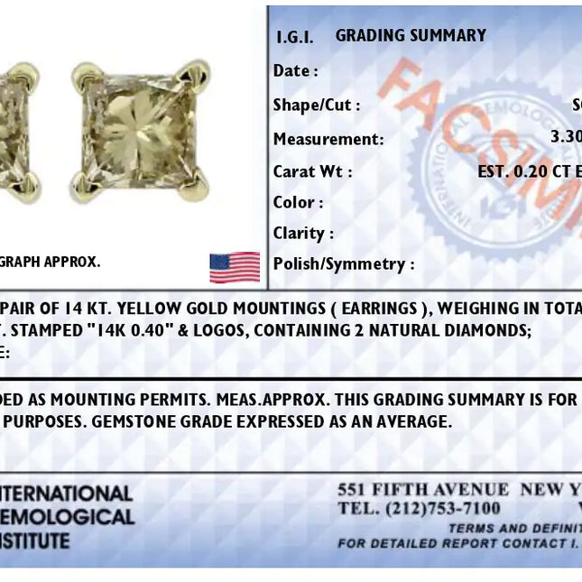 IGI Certified 14k Yellow Gold 4-Prong Set Princess-Cut Solitaire Diamond Push Back Stud Earrings (L-M Color, I1-I2 Clarity)