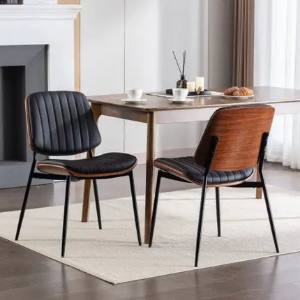 Set Of 2 Mid Century Modern Faux Leather Dining Chairs, Walnut Bentwood Back, Metal Legs
