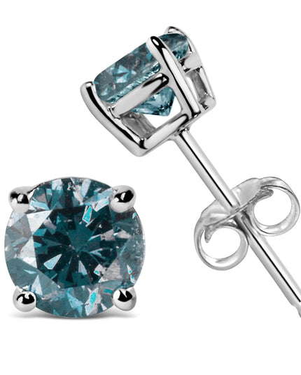 14K Gold Round Brilliant Cut Lab Grown Blue Diamond 4-Prong Classic Solitaire Stud Earrings with Pushbacks