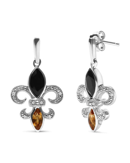 .925 Sterling Silver Marquise Cut Onyx and Citrine with Diamond Accent Fleur De Lis Drop Stud Earrings (H-I Color, SI1-SI2 Clarity)