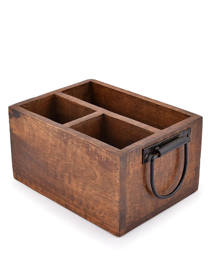 3 Compartment Flatware Caddy Cutlery Utensil Holder with Metal Handles for Farmhouse Kitchen Decor and Countertop Dining Table Office Organizer (8" x 6" x 4")